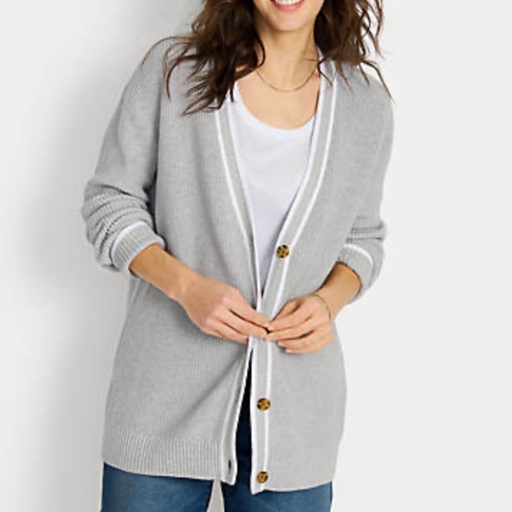 LANDSEND Women's Drifter Shaker Boyfriend Cardigan Sweater Gray/White Tipping